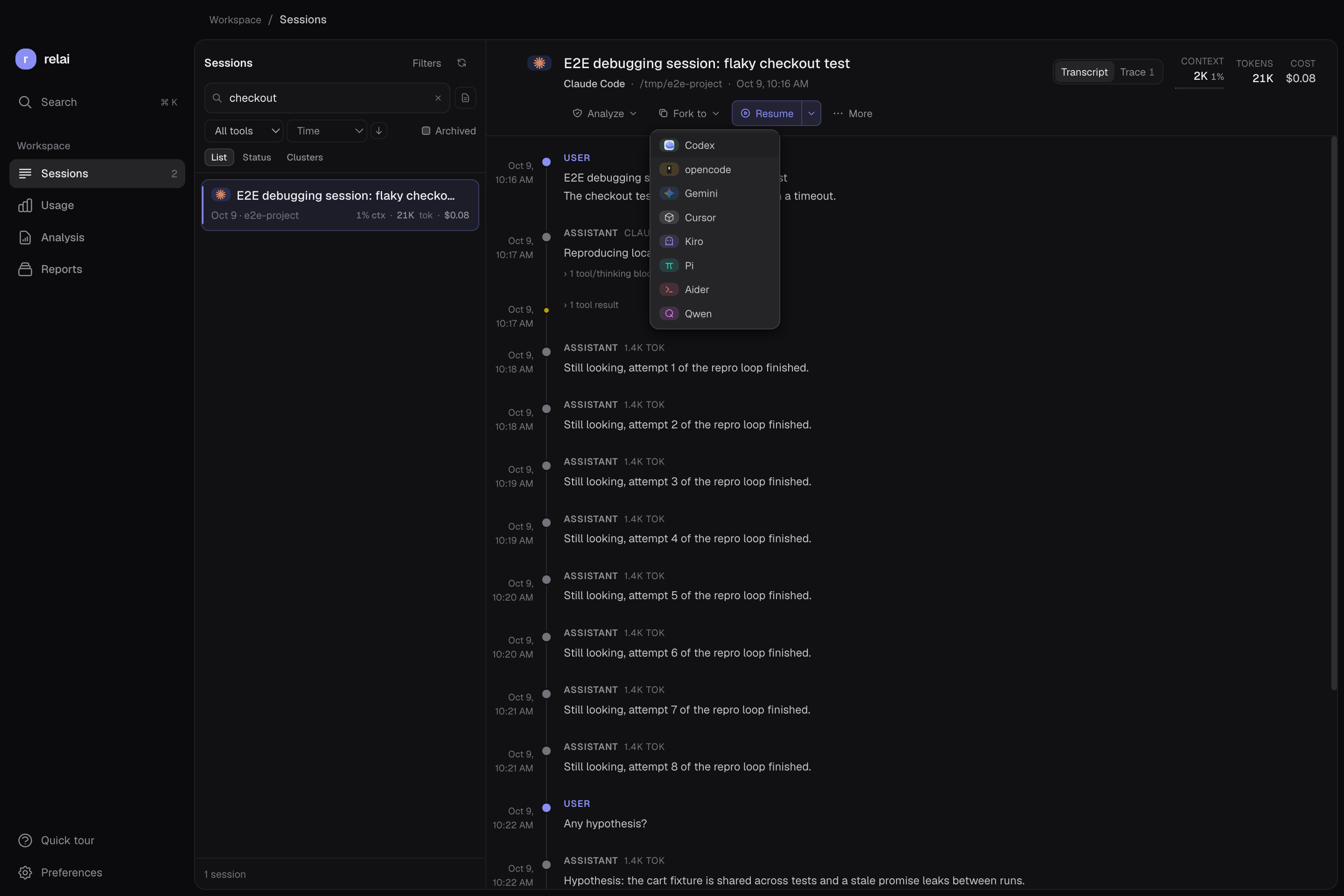The Fork to menu in Relai with Codex highlighted beside a synthetic Claude Code conversation